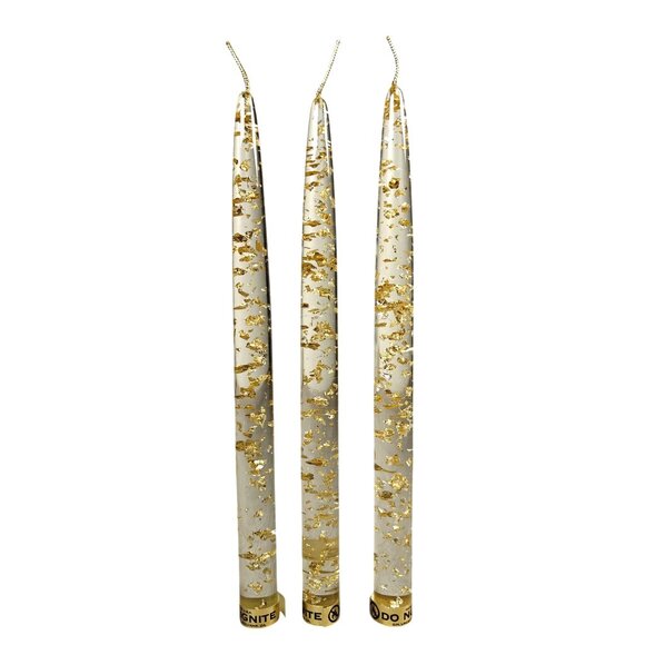 Vintage Lucite Clear Gold Fleck Taper Candles 10" Set of 3 MCM Candlesticks - Picture 1 of 5